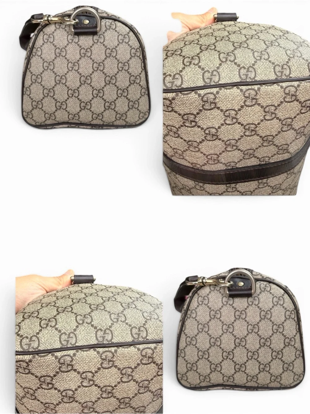 Gucci Brown GG Canvas Duffel with Dark Brown Leather Trim with long strap